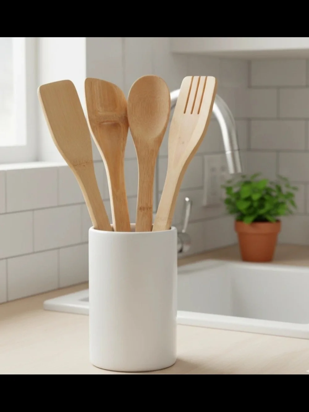 2 Pack Bamboo Kitchen Utensil Set — Natural Brown, 8-Piece   Total